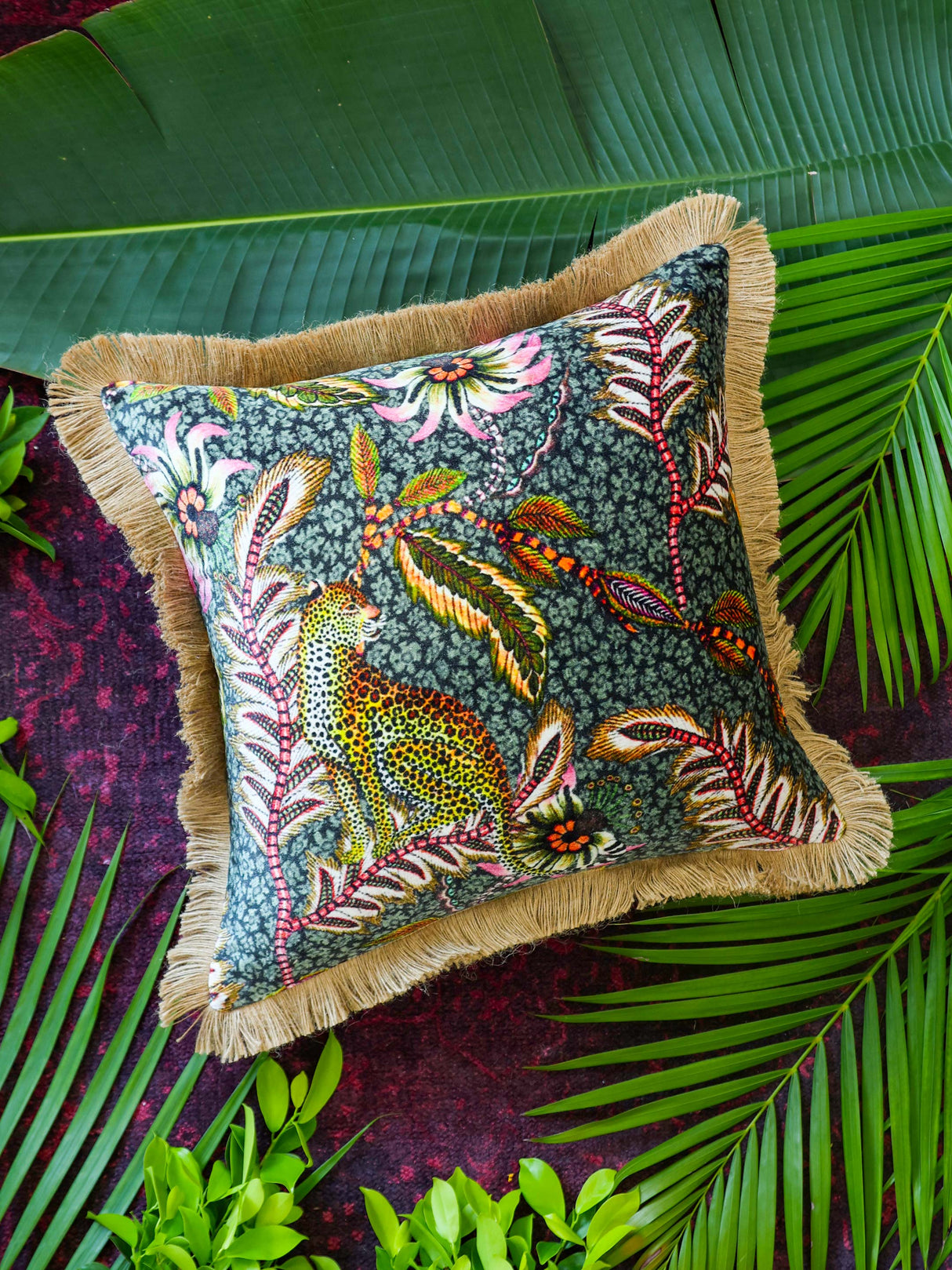 Digital Jungle Printed - Leopard Design Pillow Viscose Velvet With Trim