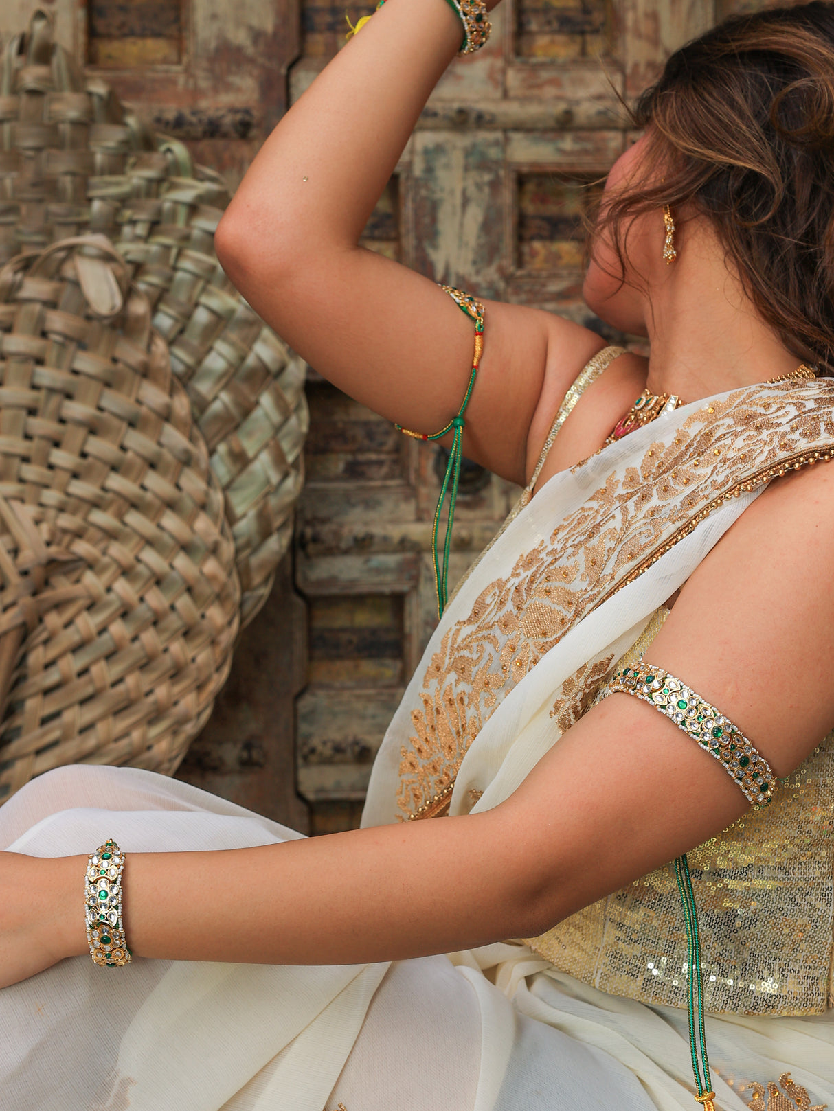 Padmani Flower design Green Pochi and Bajuband set