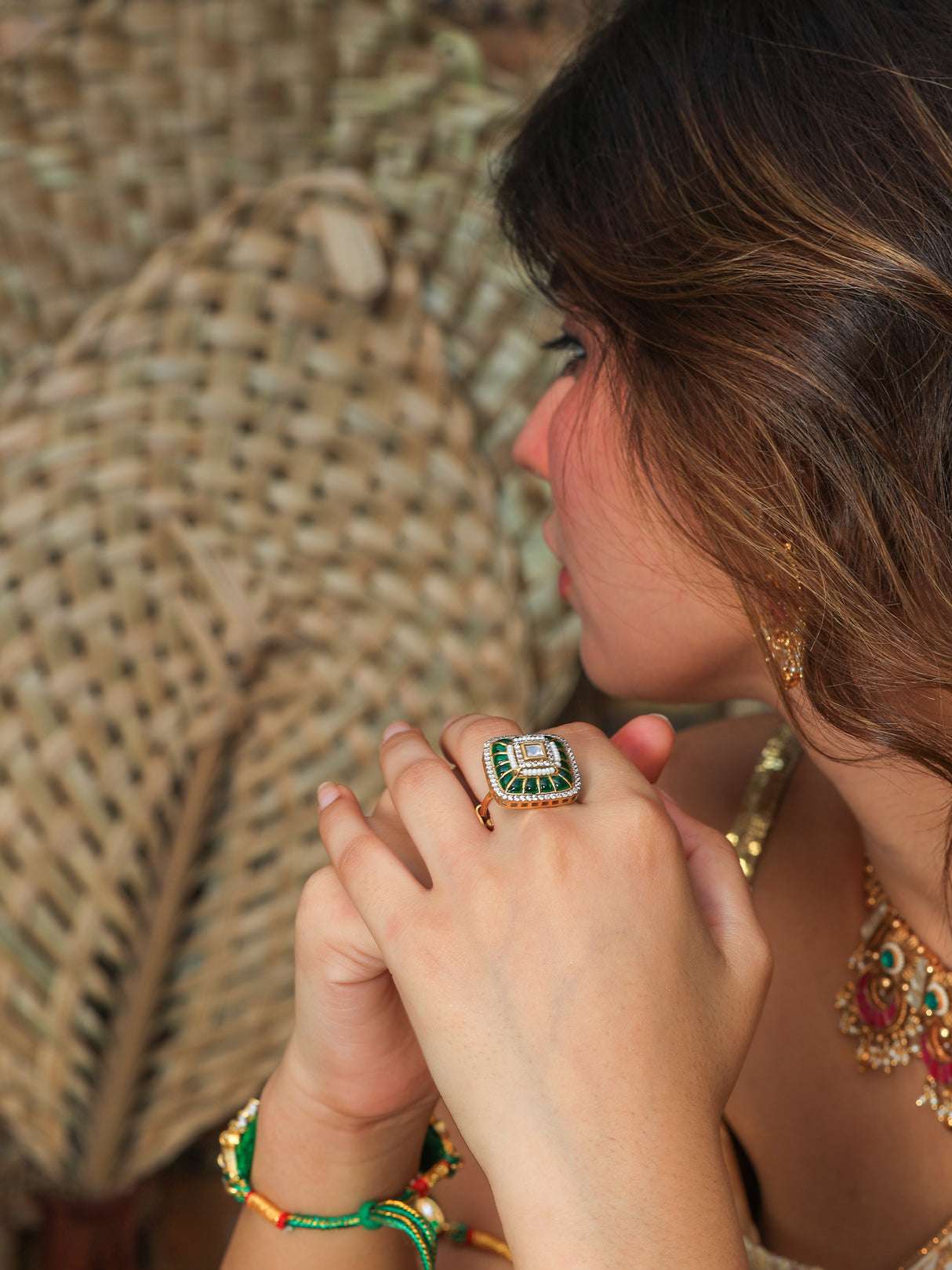 Ahilya Elegant Fusion Green Tone Ring