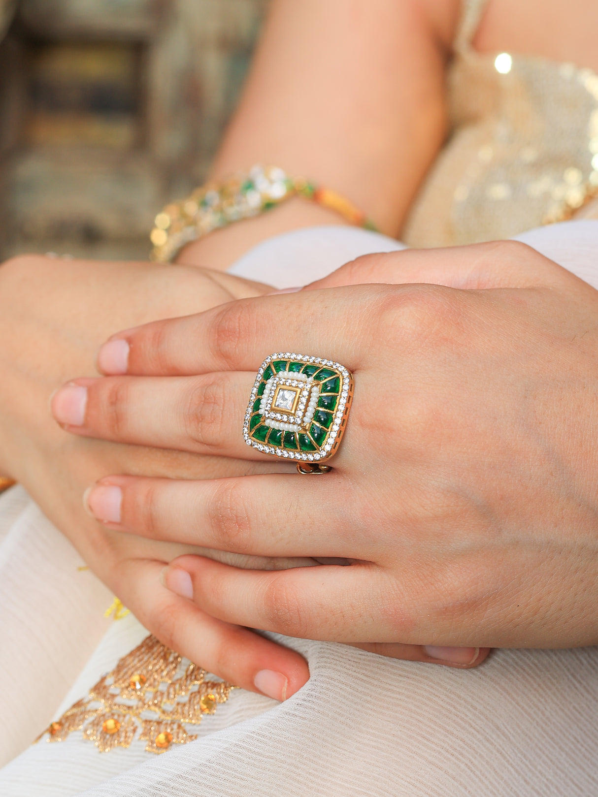 Ahilya Elegant Fusion Green Tone Ring