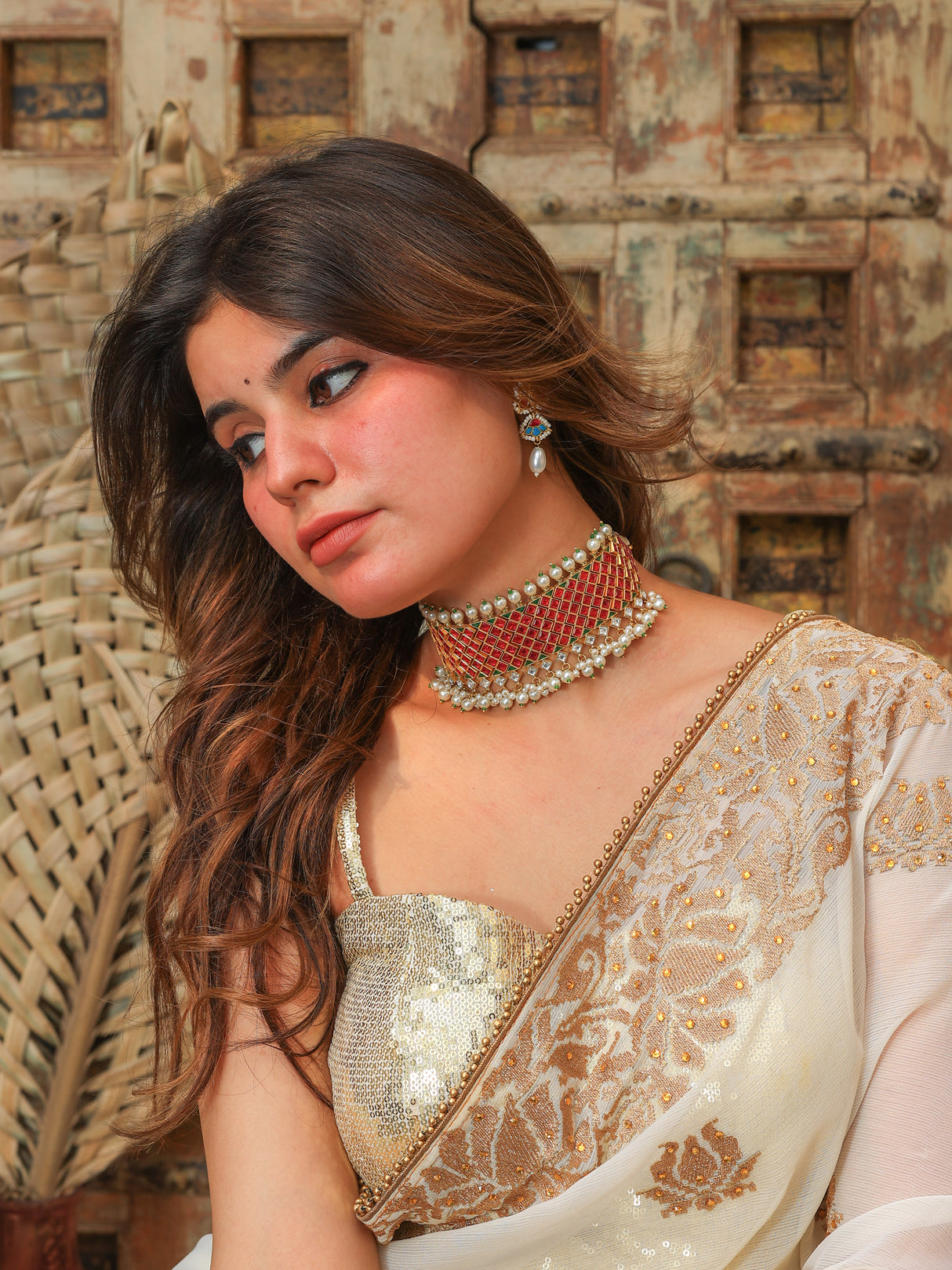 Kanta ruby tone Kundan choker with Pearl details