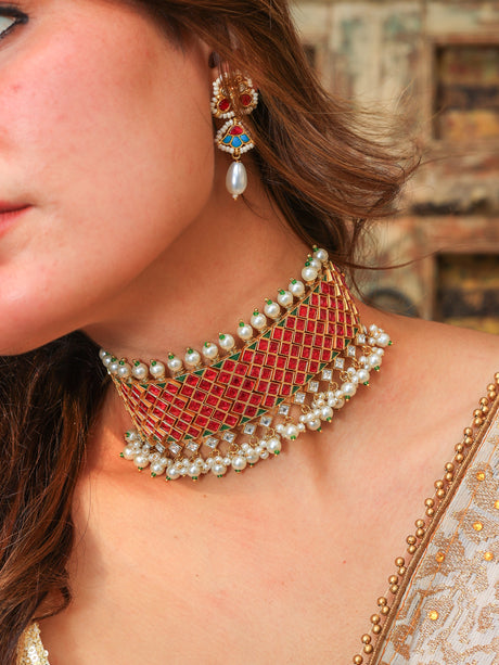 Kanta Ruby tone Kundan choker with Pearl