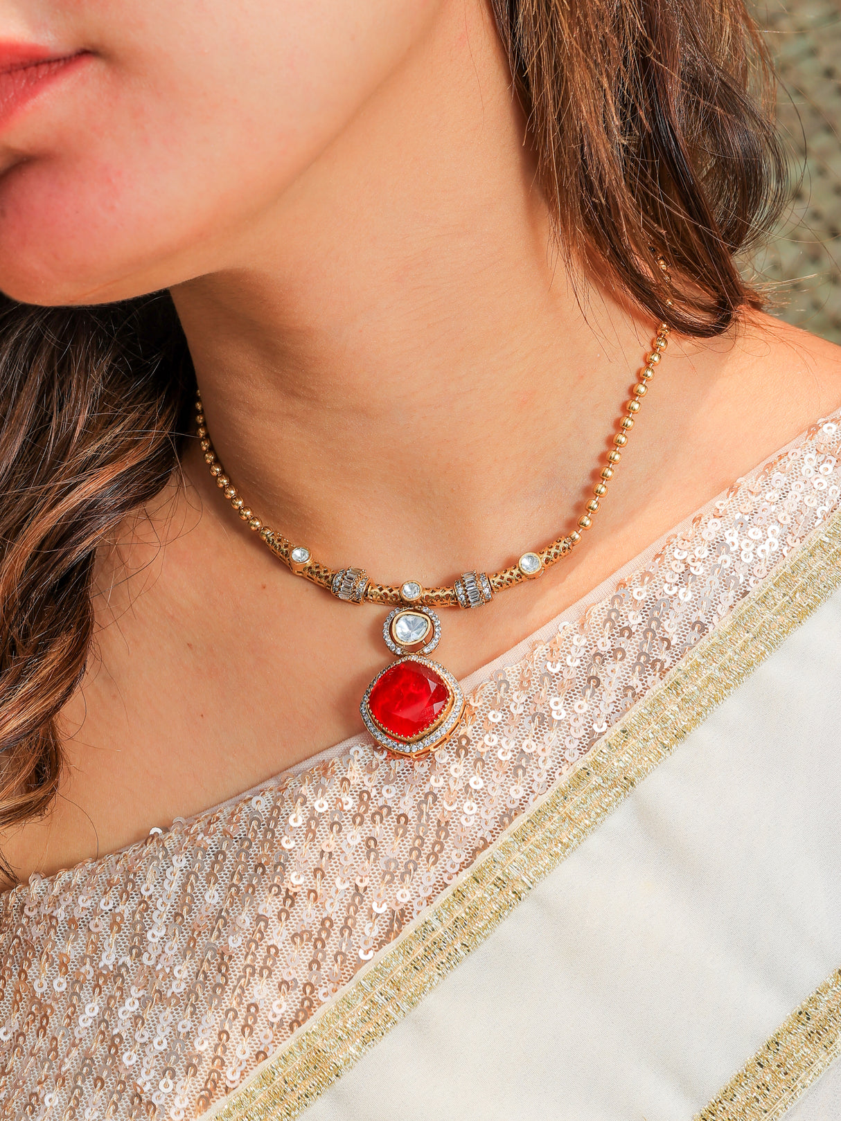 Kalpi Copper brass with stone necklace set