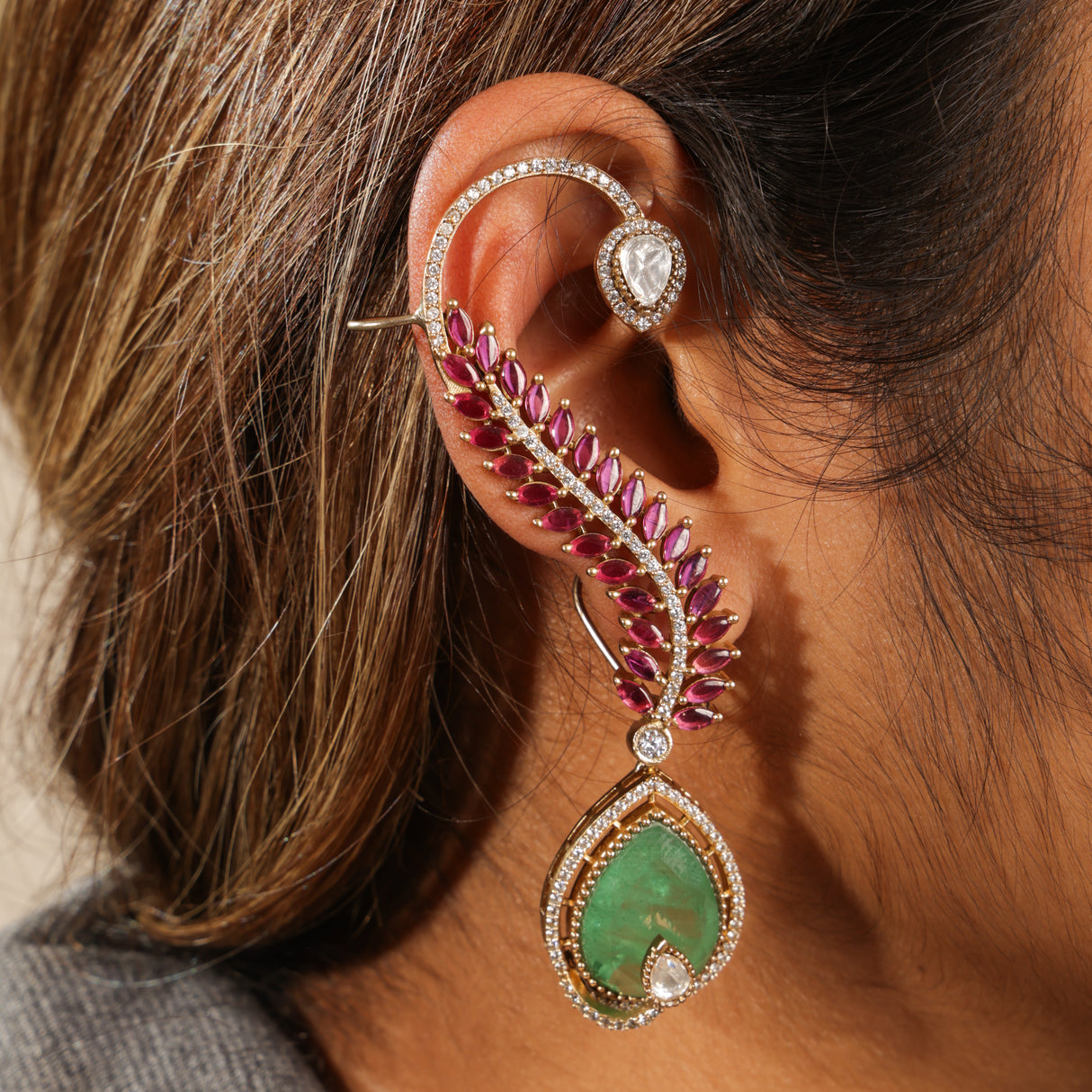 Karima Regal Emerald & Ruby Diamond Ear Cuff Drop Earring