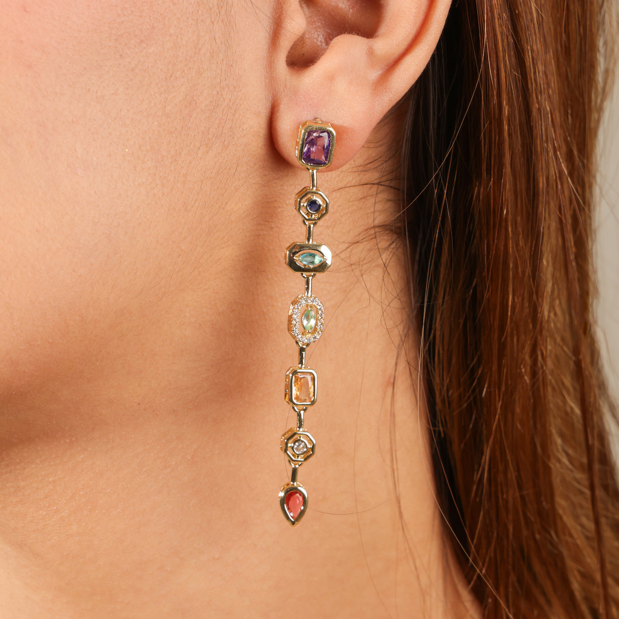 Tahira Multi stone Gold Linear Drop Earrings