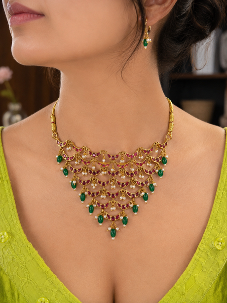 Jhalak Royal Ruby Green Cascade Necklace Set