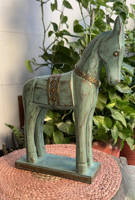 Wooden horse statue in green finish, hand-crafted decorative home decor