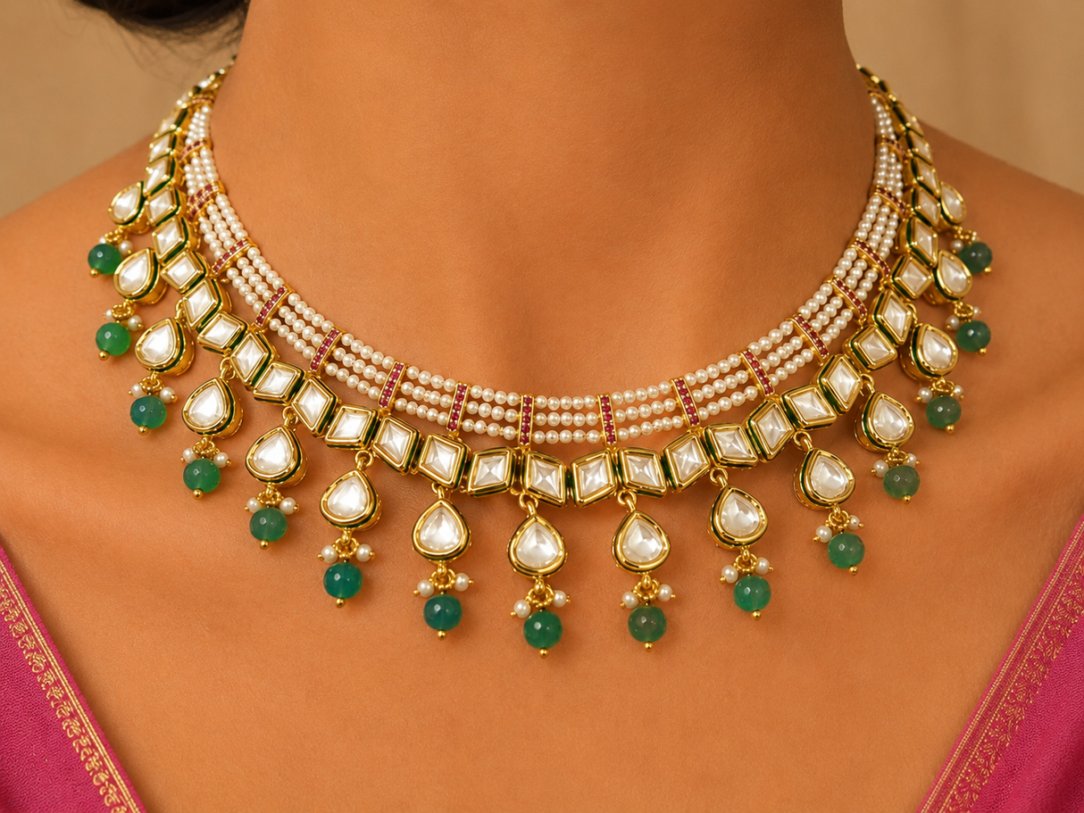 Tulsi Emerald Pearl Necklace Set