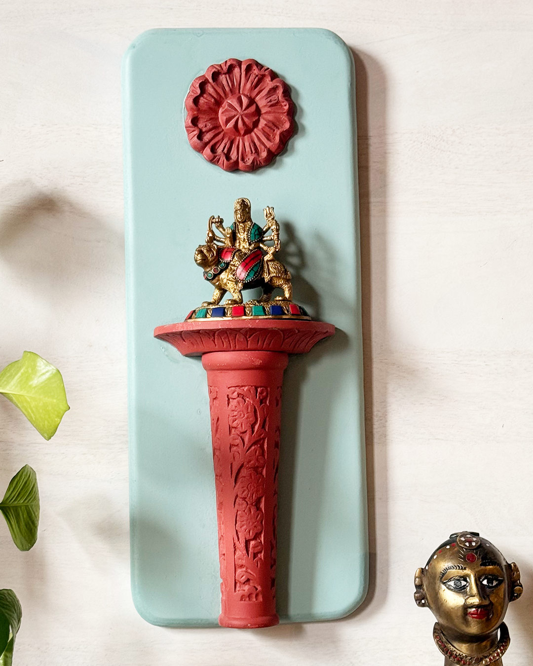 Olive Green and Red Rustic Carved Wall Décor