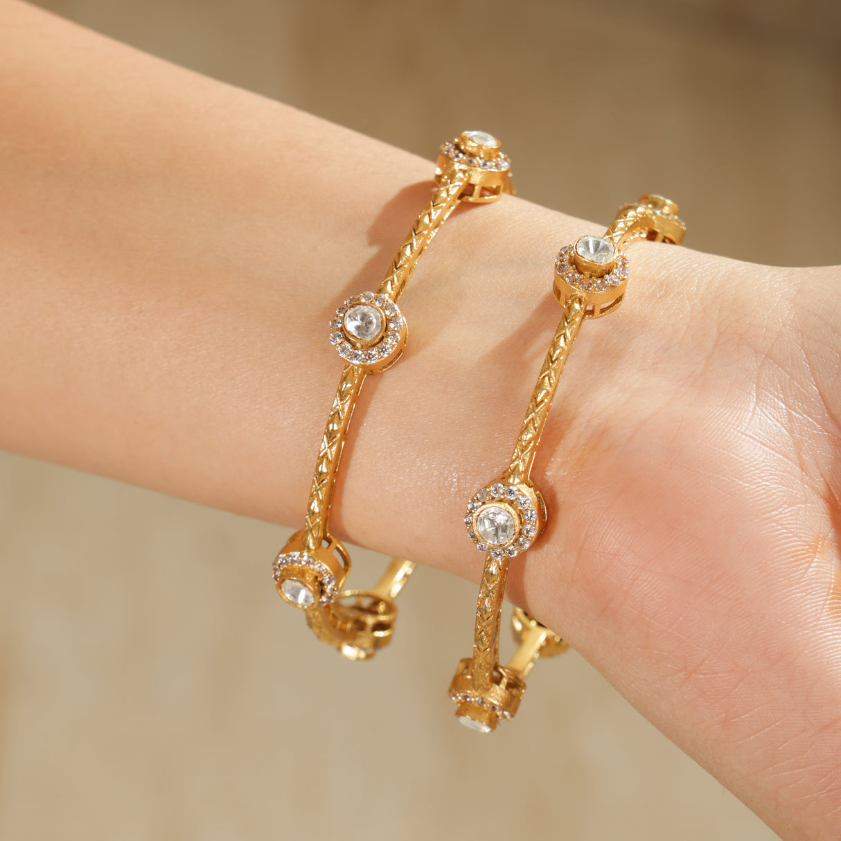 Lubna Elegant Kundan Crystal Gold-Tone Kada Bangle (Set of 2)