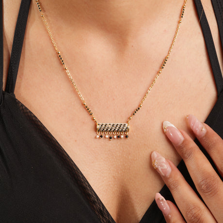 Asma Elegant Black & White Stone Dangle Bar Pendant Necklace