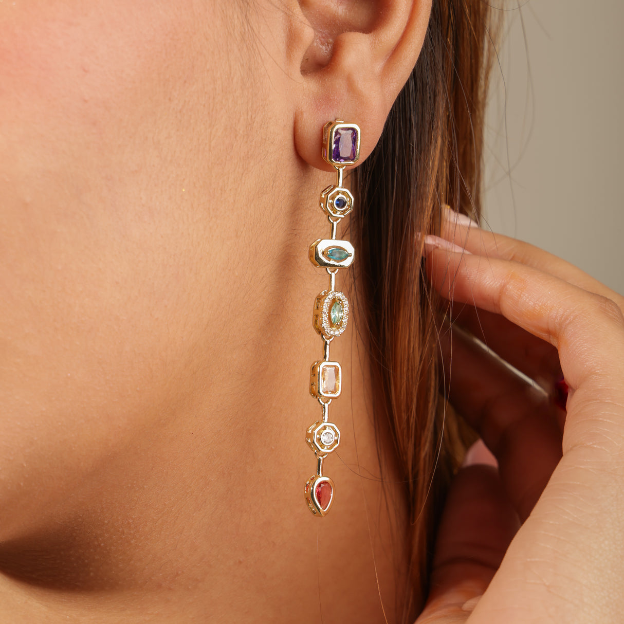 Tahira Multi stone Gold Linear Drop Earrings