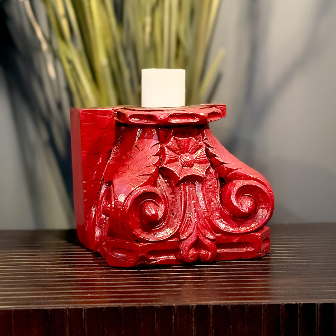 Candle Holder - Wooden Rustic Red