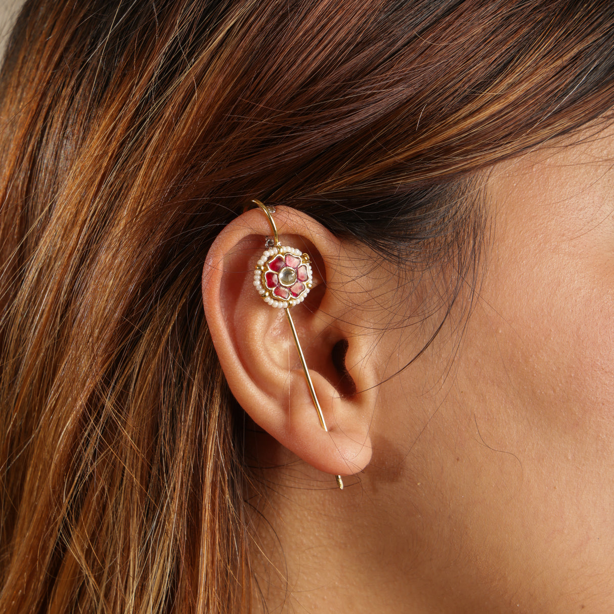 Rabia Ruby Blossom Gold-Tone Ear Cuff with Pearl Halo