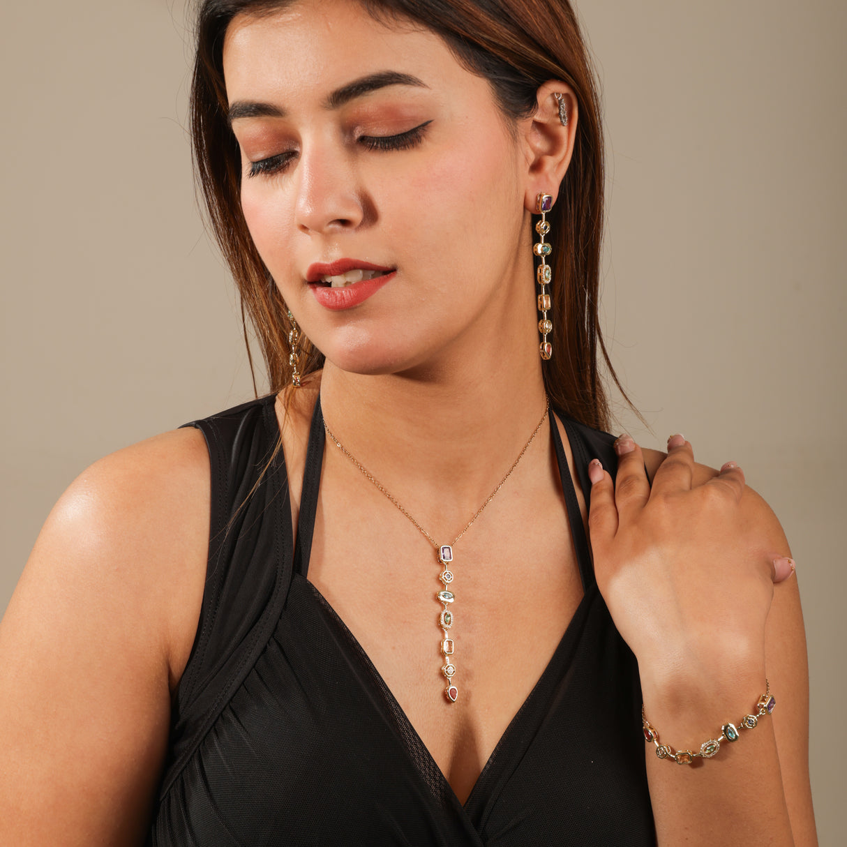 Tahira Multi stone Gold Linear Drop Earrings