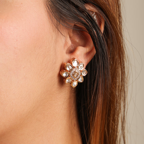 Juwayriya Floral Kundan Polki Gold-Tone Necklace & Stud Earrings Set