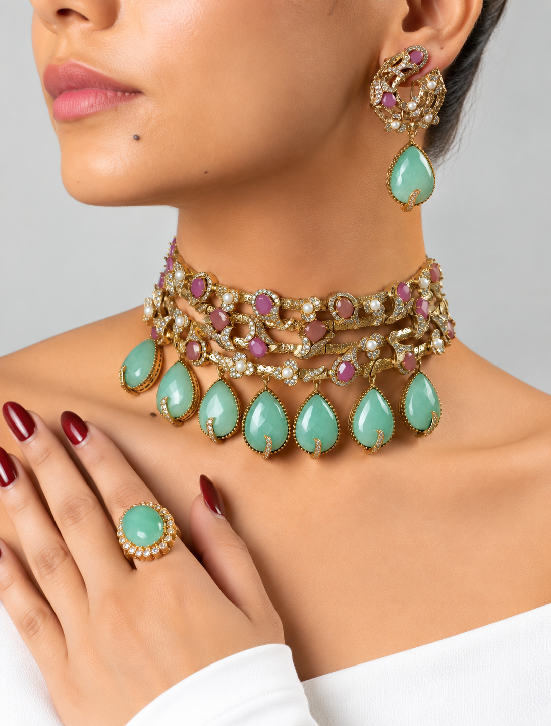 Shahpari Emerald Green and ruby Kundan Choker Necklace Set