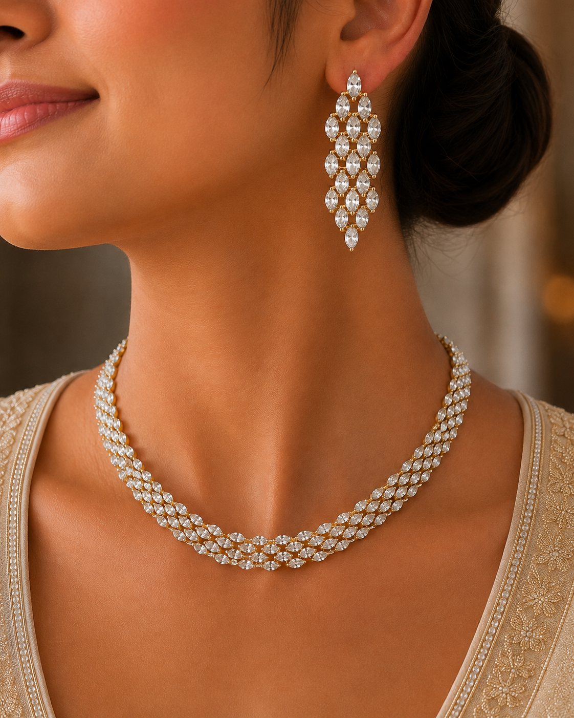 Plumeria Diamond Cascade Necklace Set