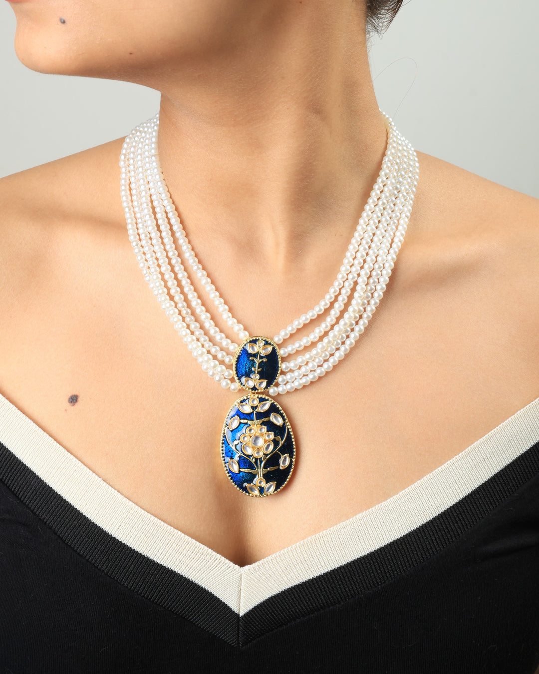 Anahita Royal Pearl & Blue Enamel Pendant Necklace Set