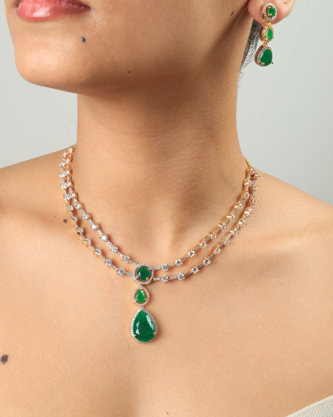 Ruhina Emerald Royale Double-Layer Crystal Necklace Set