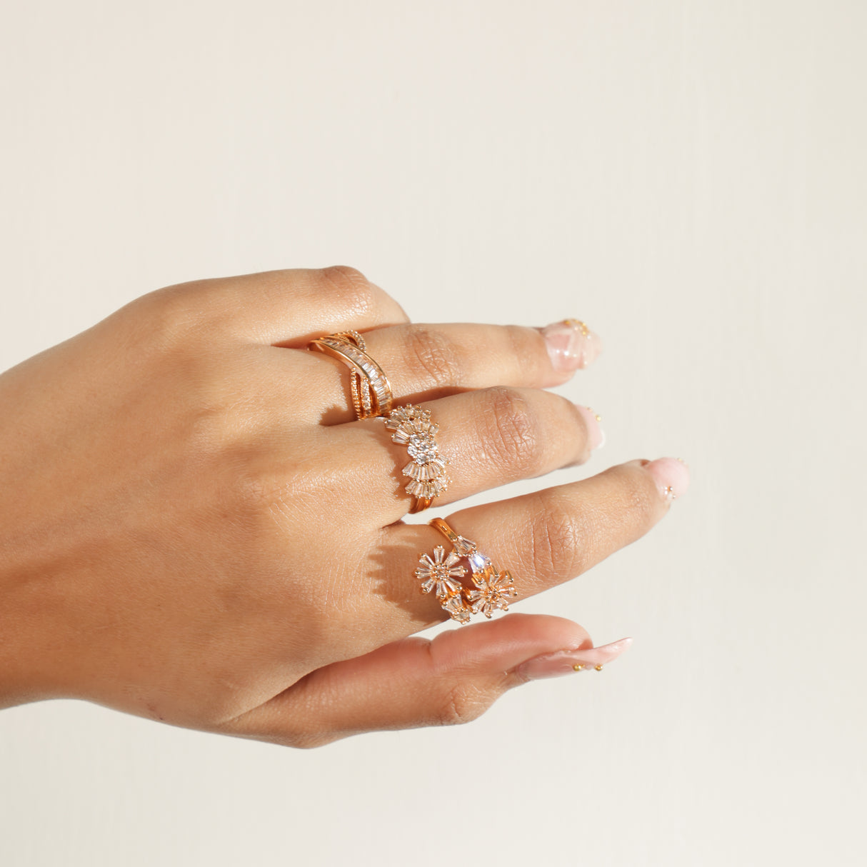 Rasa Diamond Bloom Statement Ring – Set of 3pcs