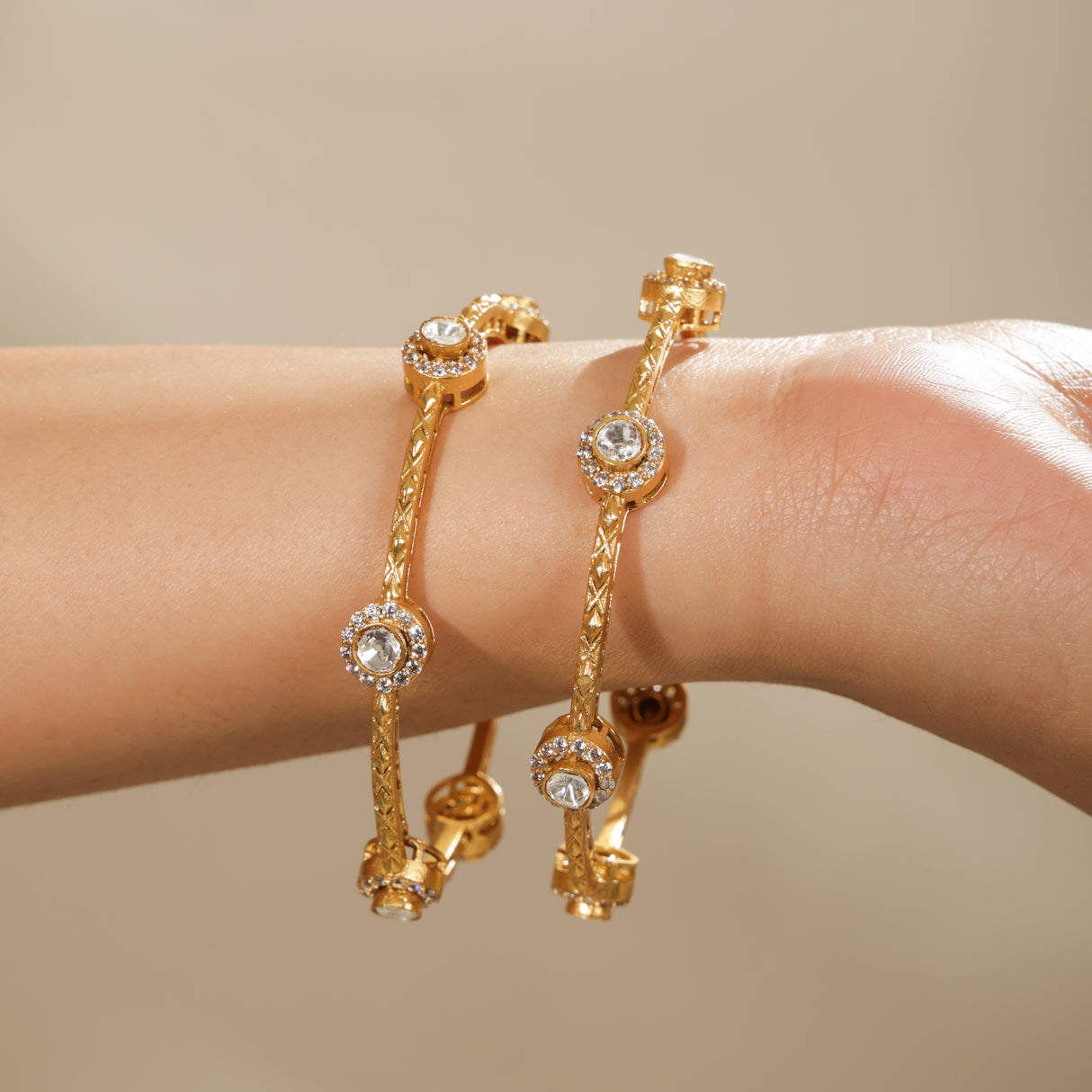Lubna Elegant Kundan Crystal Gold-Tone Kada Bangle (Set of 2)