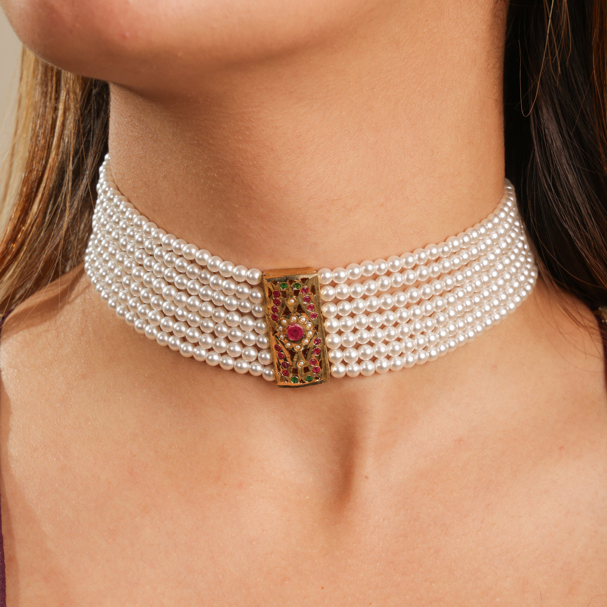 Bela Elegant Pearl Choker with Jadau gold plated pendant