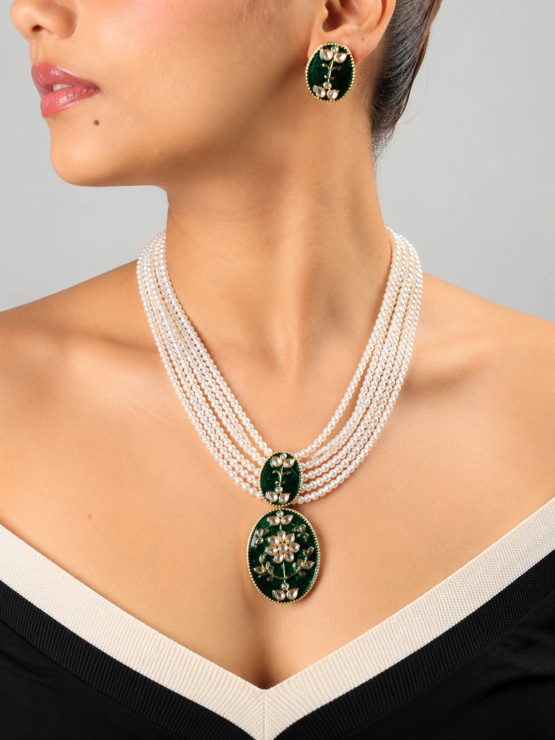 Anahita Royal Pearl & Green Enamel Pendant Necklace Set