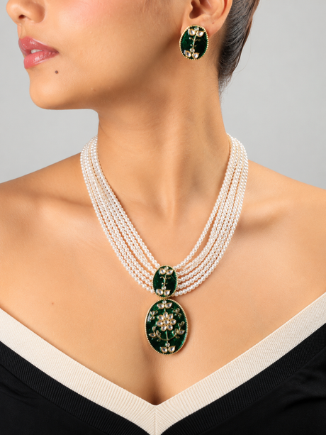 Anahita Royal Pearl & Green Enamel Pendant Necklace Set