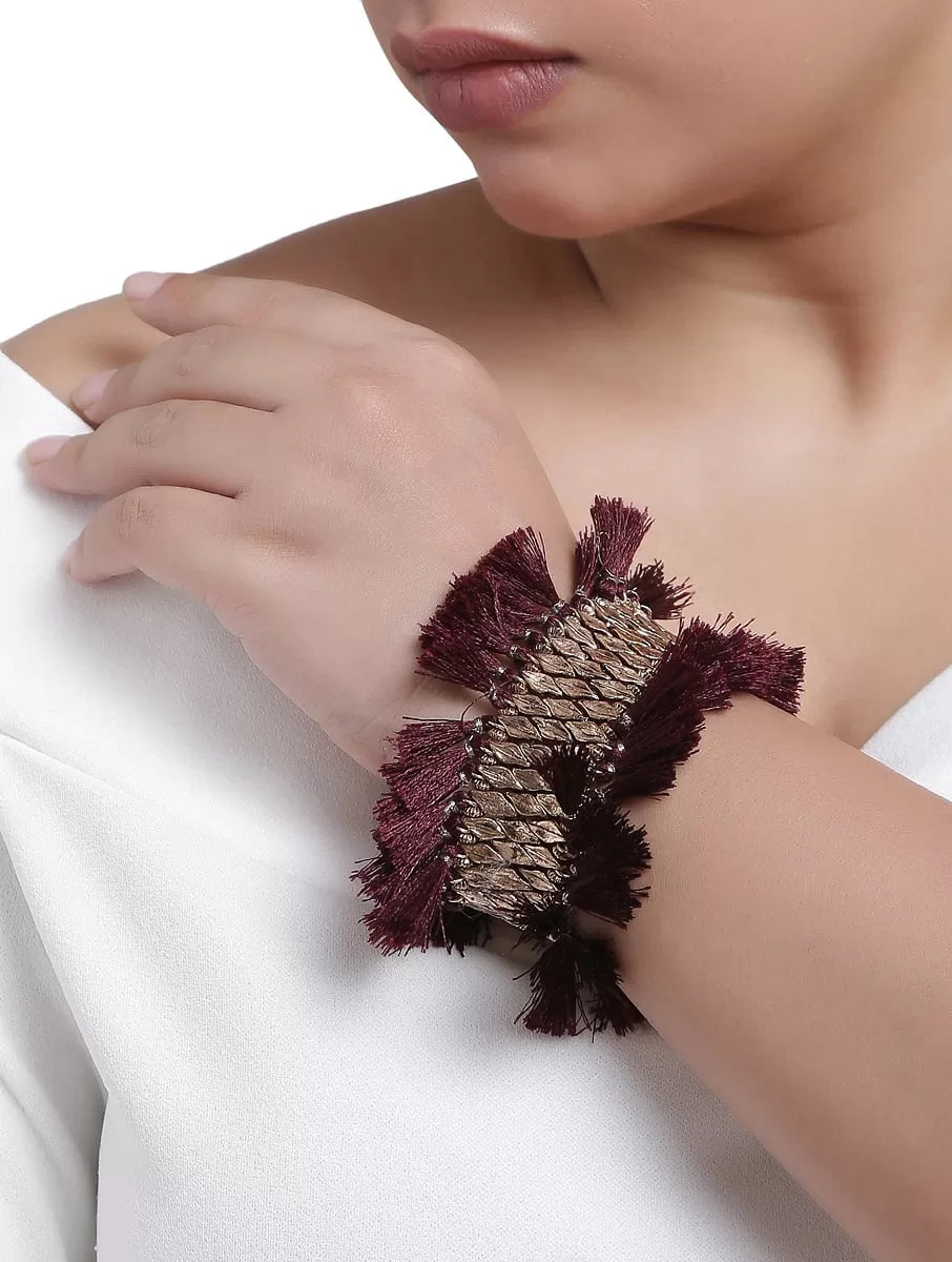 Brass Bracelet - Beads And Burgundy Tassels