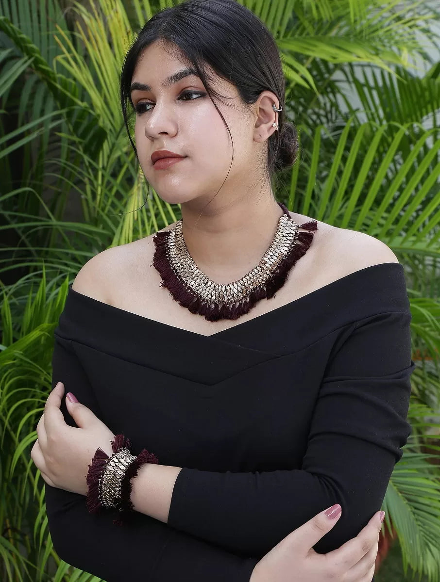 Brass Bracelet - Beads And Burgundy Tassels