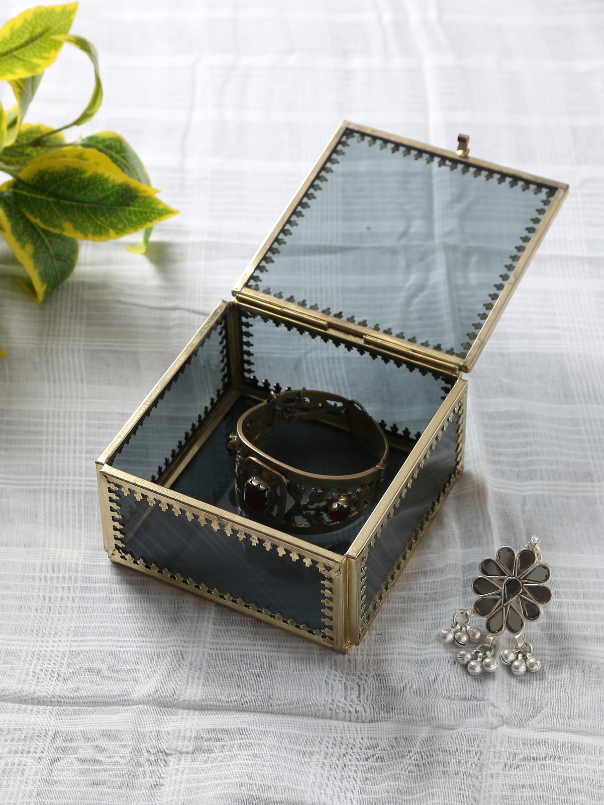 Tinted Glass Trinket Storage boxes with Gold Tone Rim (set of 4)