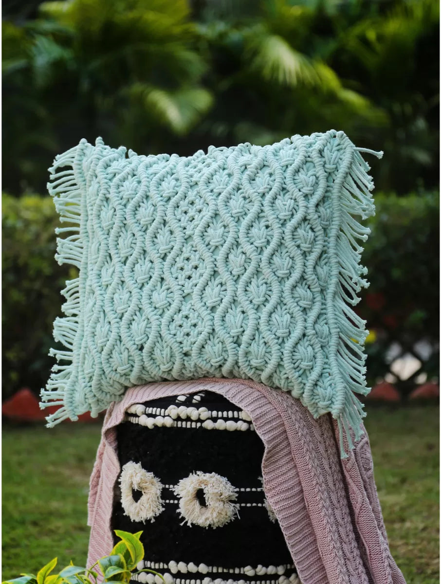 Macrame Cushion Cover With Fringes - Aqua Green