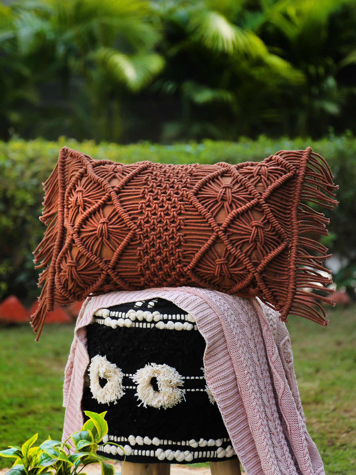 Brown Macramé Cushion cover with Fringes - Rectangle