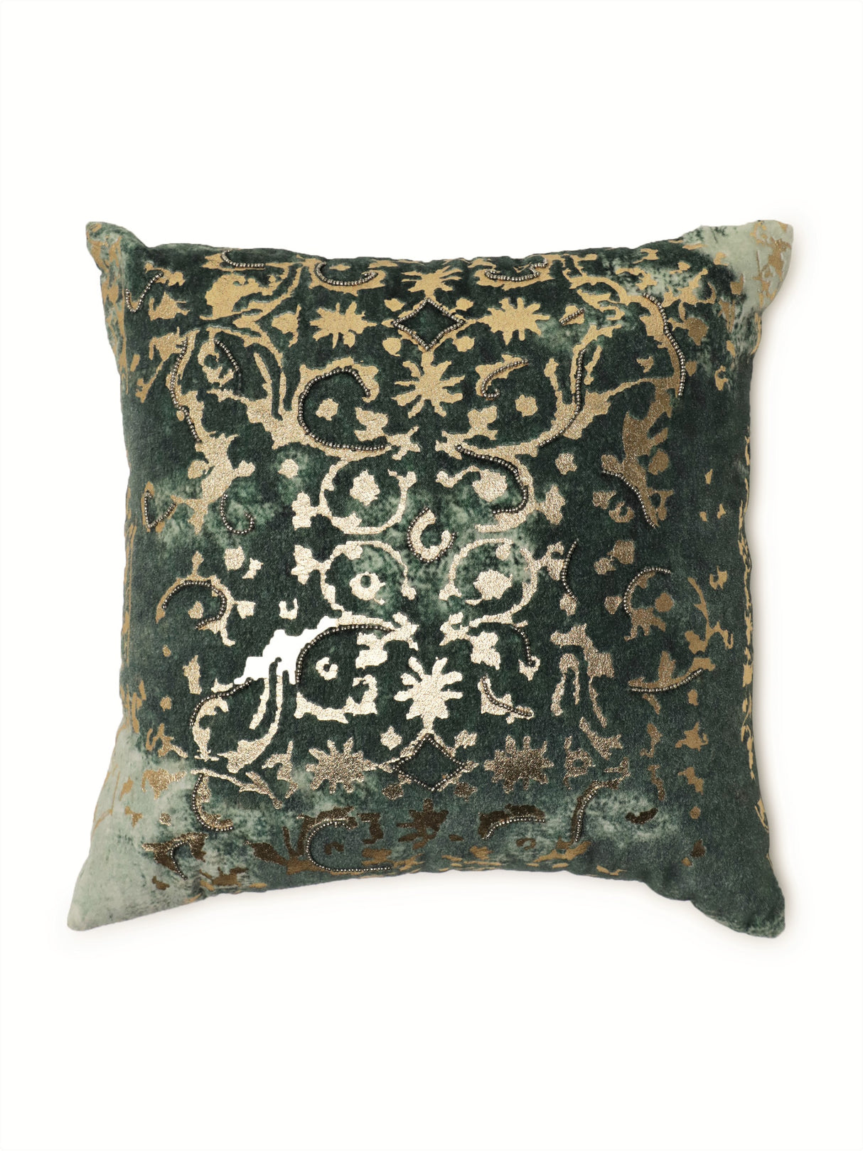 Golden Foil Printed with Hand bead work cushion cover in Green self print cushion cover