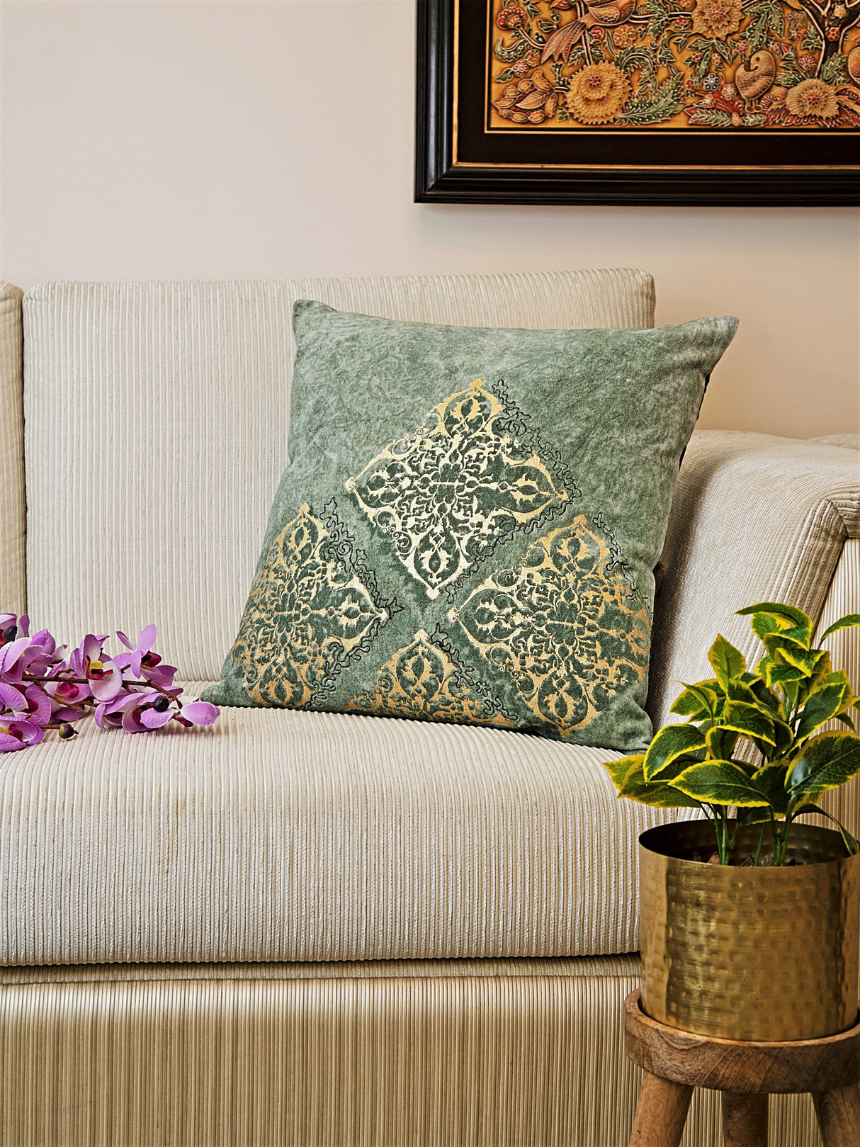 Golden Foil Printed embroidered cushion cover in Green self print