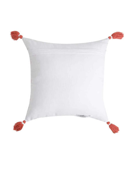 Peach Flower Printed Cushion Cover With Fringes And Tassels