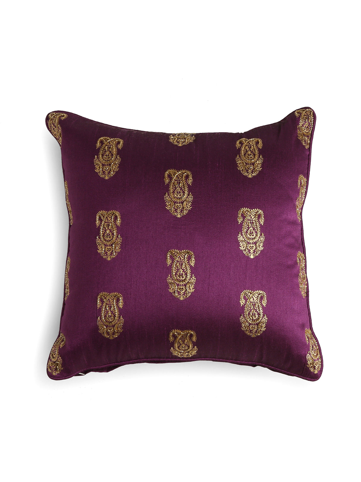 Double Pasiley design zari embroidered & foil printed set of 2 deep purple cushion covers