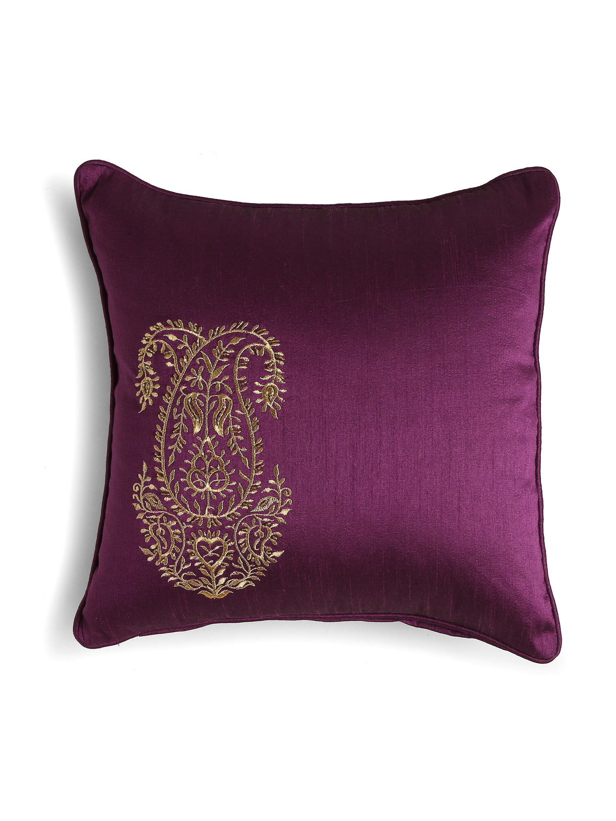 Double Pasiley design zari embroidered & foil printed set of 2 deep purple cushion covers