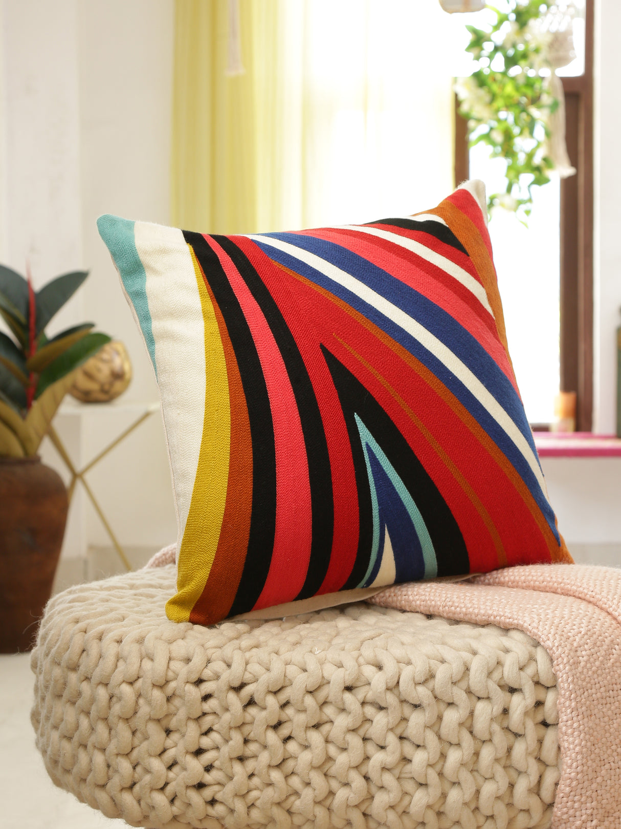 Colorful abstract design embroidered cushion cover
