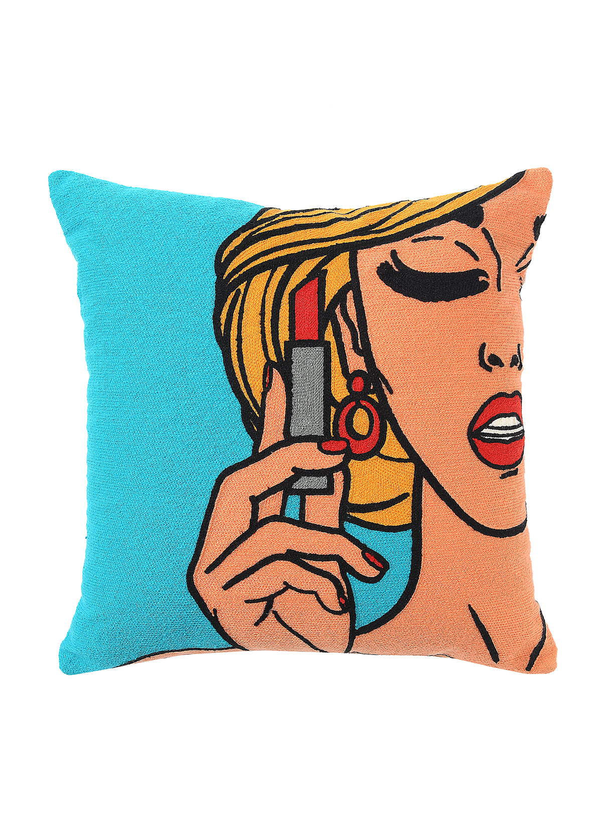 Retro vintage pop art girl holding a lipstick cushion cover