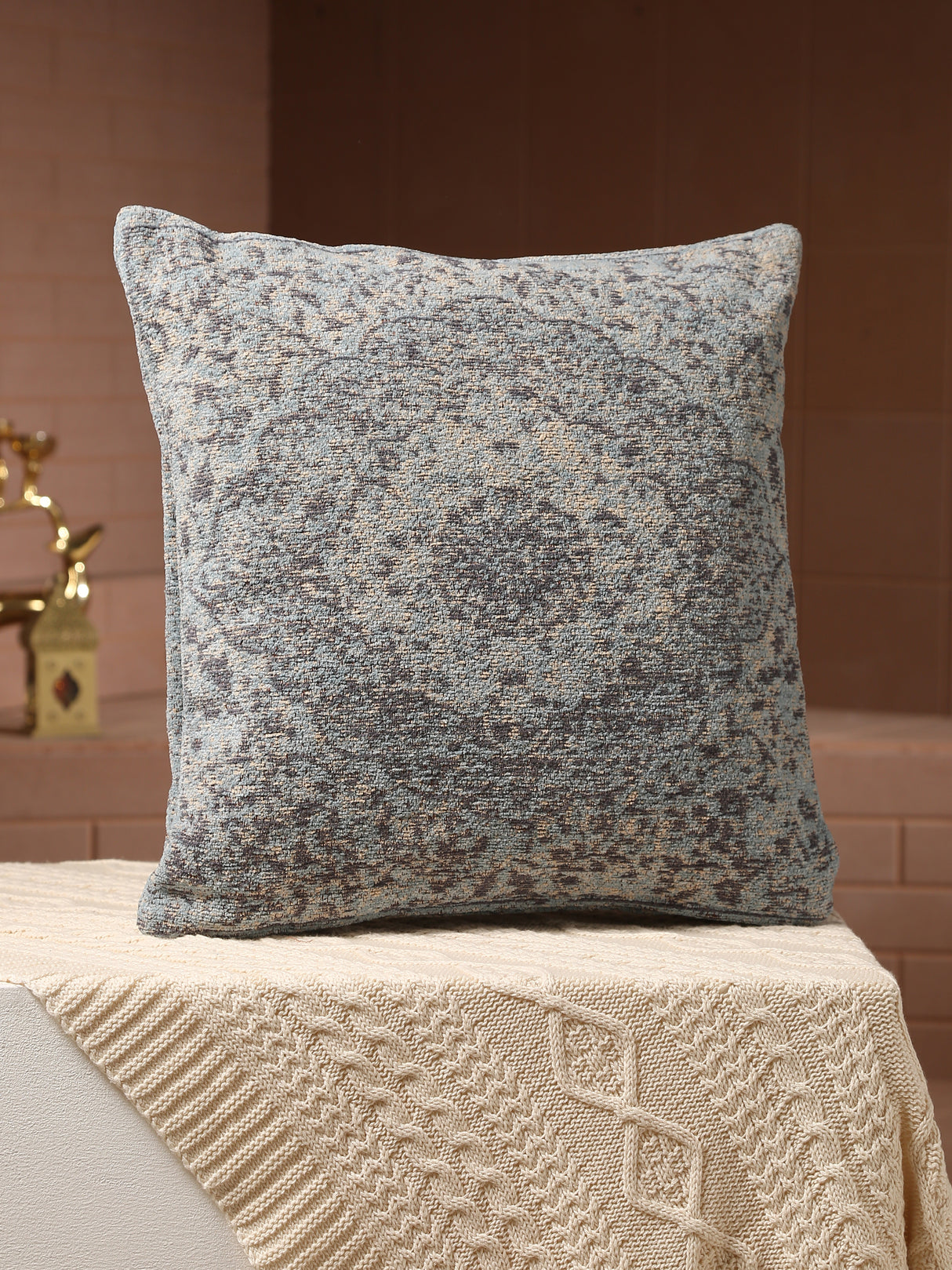 Persian Motif - Blue Jacquard Chenille Cushion Cover