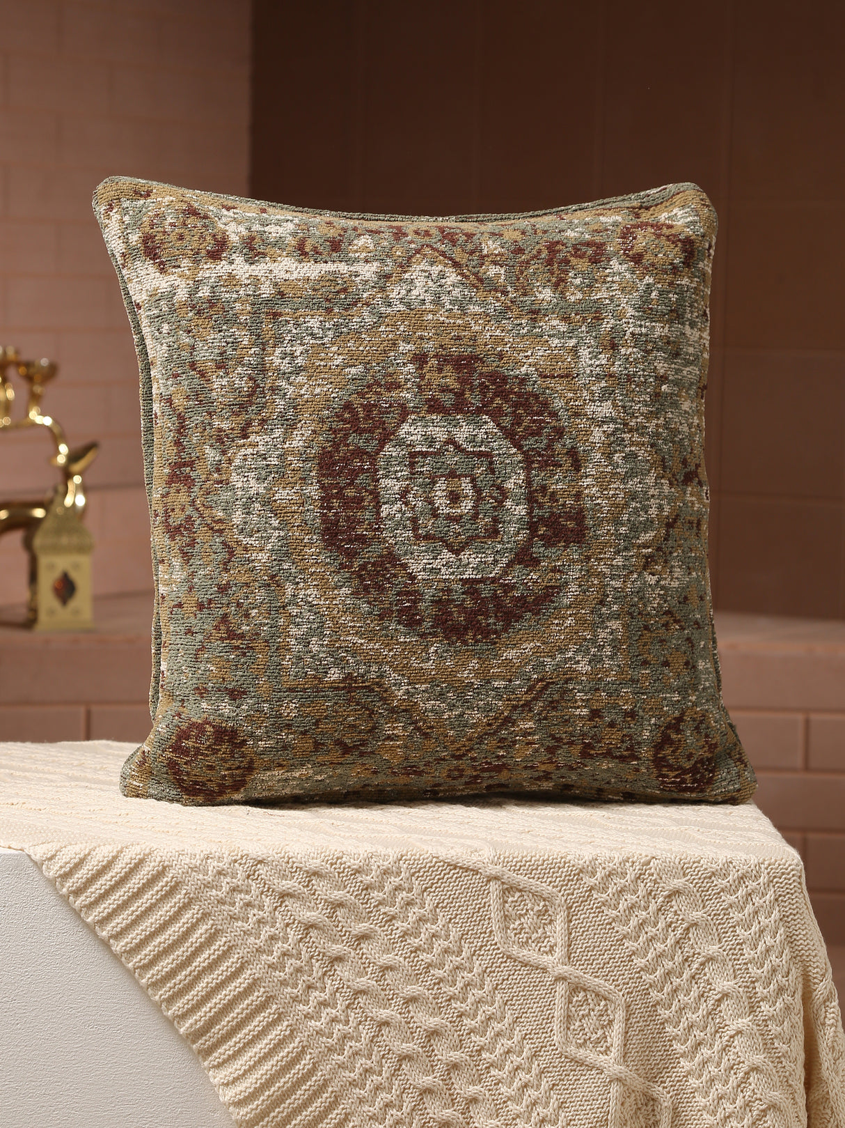Persian Motif - Green & Multicolor Jacquard Chenille Cushion Cover