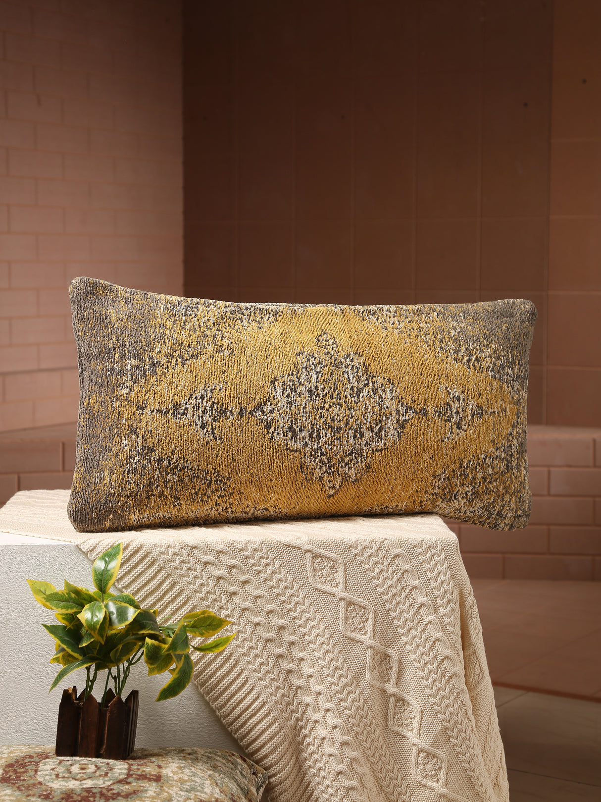 Persian Motif - Yellow & Multicolor Jacquard Chenille Cushion Cover