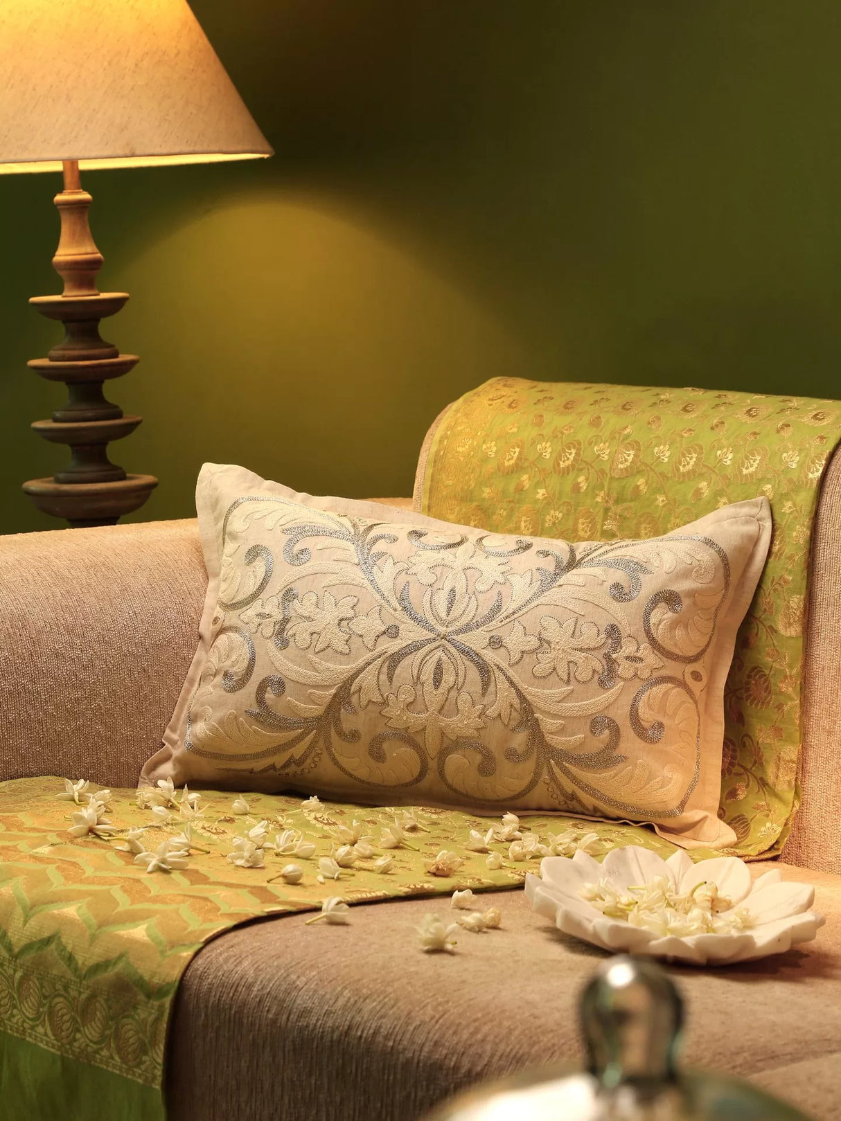 Embroidery Pillow Style Cushion Cover - Ivory & Gold Zari