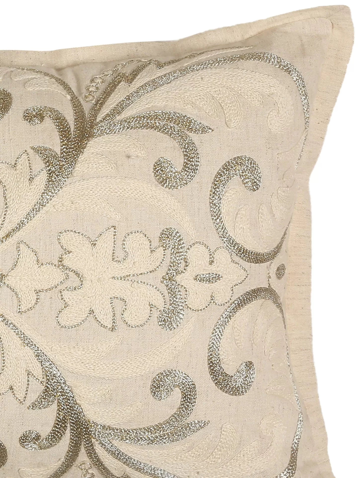 Embroidery Pillow Style Cushion Cover - Ivory & Gold Zari