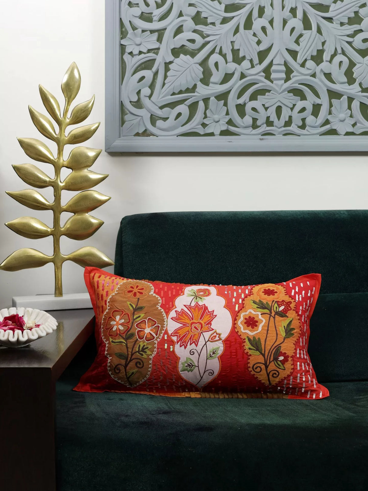 Embroidered Cushion Cover With Sequin Base - Red And Multicolor Patch Work