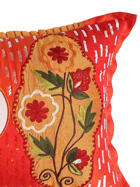 Embroidered Cushion Cover With Sequin Base - Red And Multicolor Patch Work