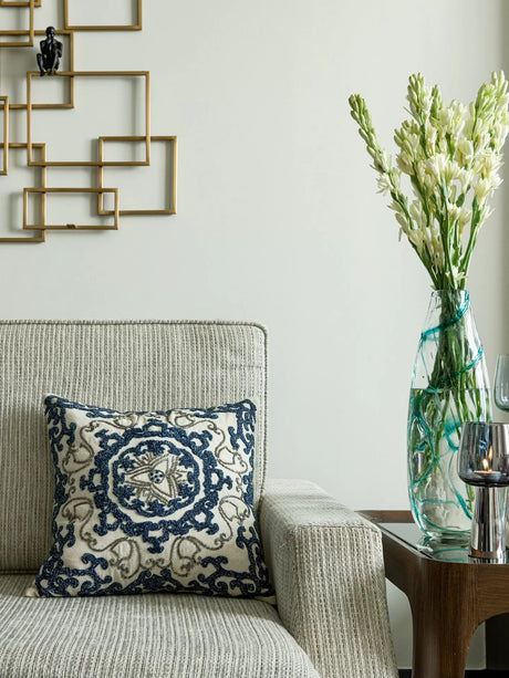 Embellished Cushion Cover - Ivory And Blue Embroidered
