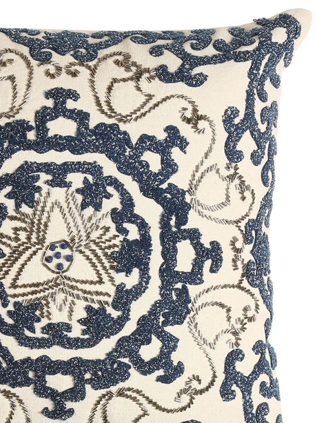 Embellished Cushion Cover - Ivory And Blue Embroidered